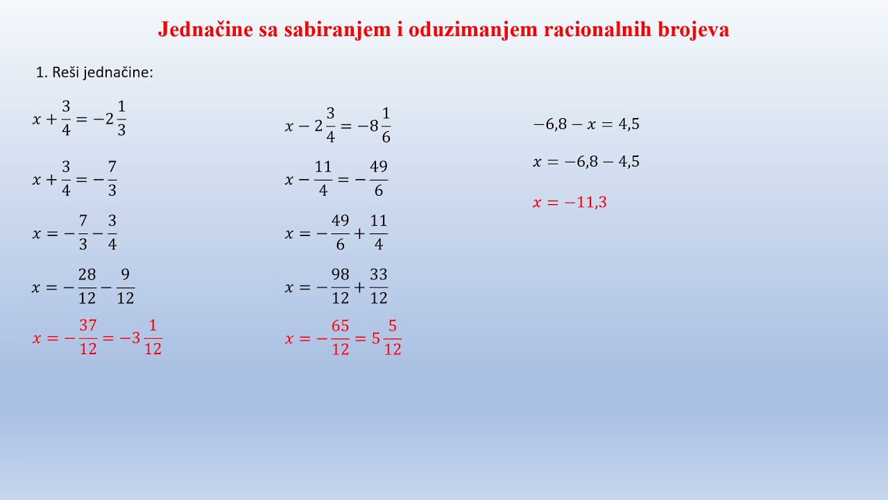 Jednačine sa sabiranjem i oduzimanjem racionalnih brojeva