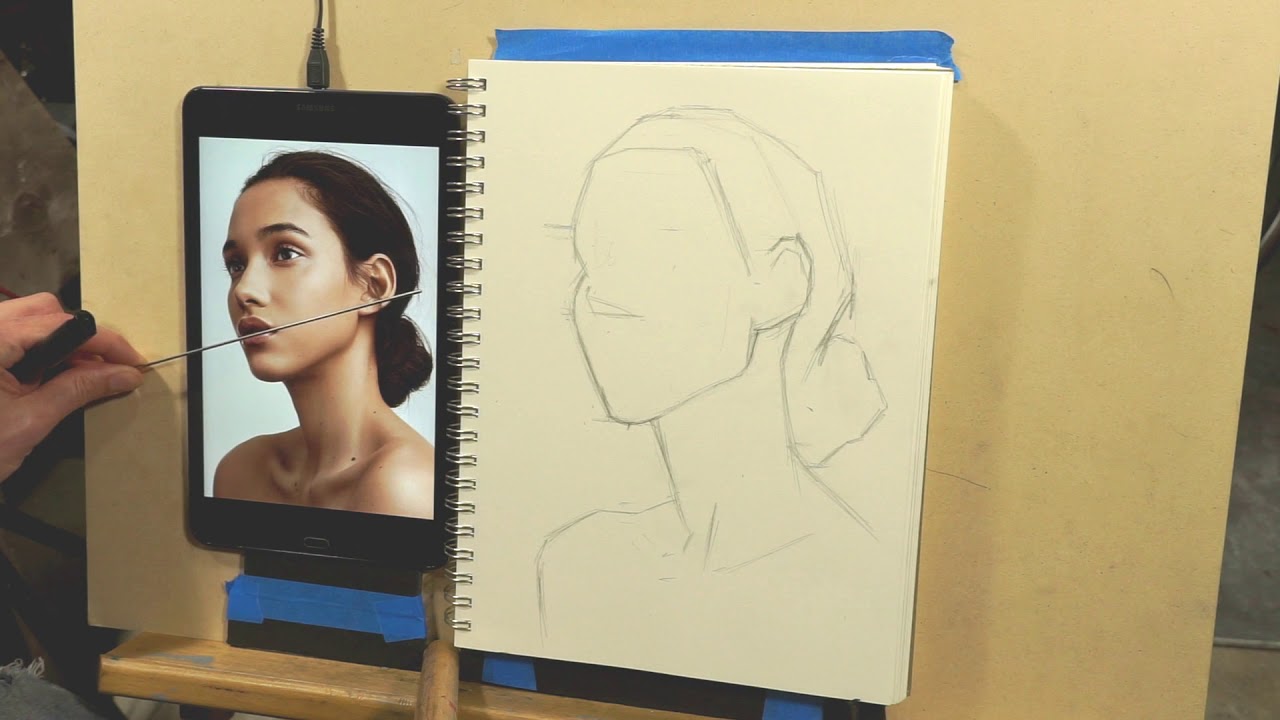 Portrait drawing of a woman - Complete block-in process