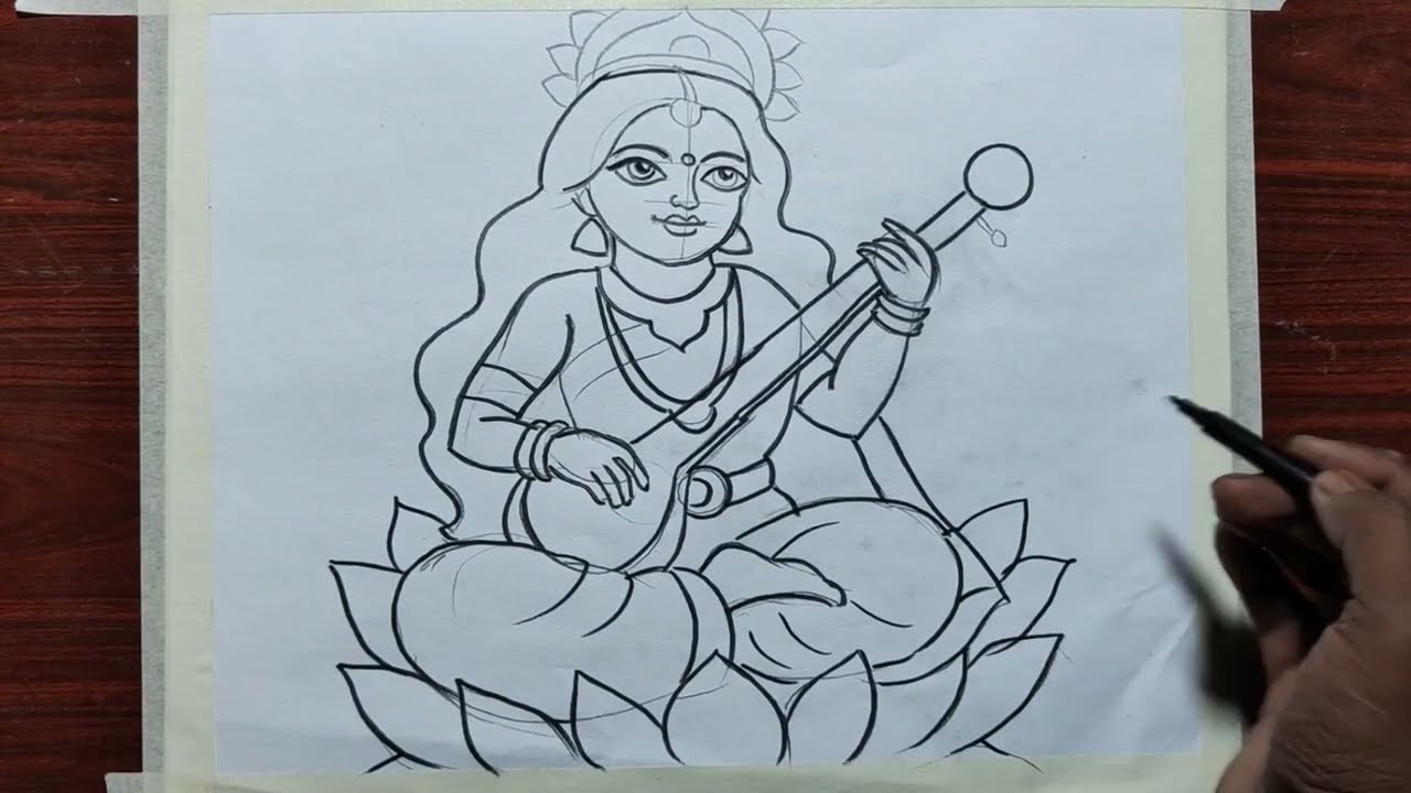 how to drawma saraswati easy line art drawing step by step for beginners,saraswati thakur drawing,