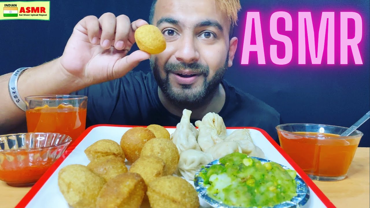 SUB) ASMR EATING GOLGAPPA/PANIPURI & SPICY MOMOS *Crunchy Eating Sound*