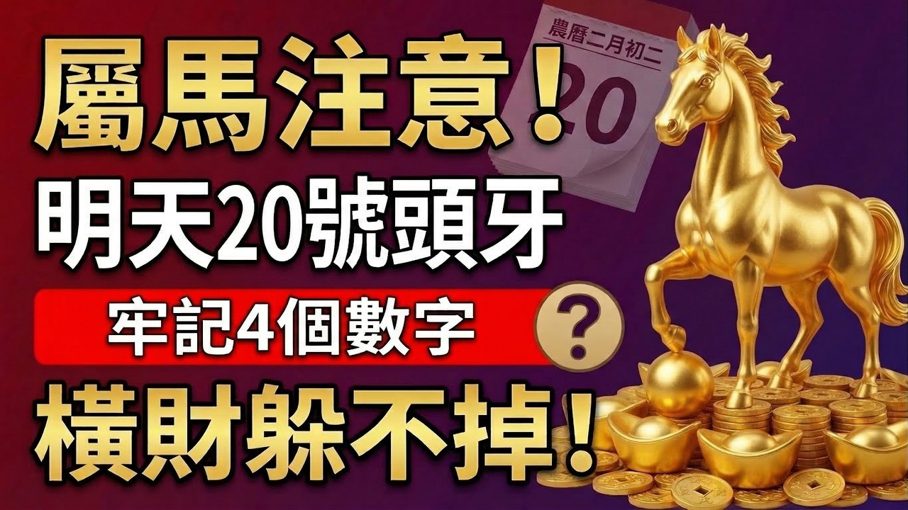 生肖馬，明天20號「頭牙」，农历二月初二，土地公生日！你的偏財旺，這4個數字最招財，記住用它，會有橫財驚喜！#生肖馬2026運勢 #2026屬馬運勢 #土地公生日 #頭牙 #招財數字 #幸運數字