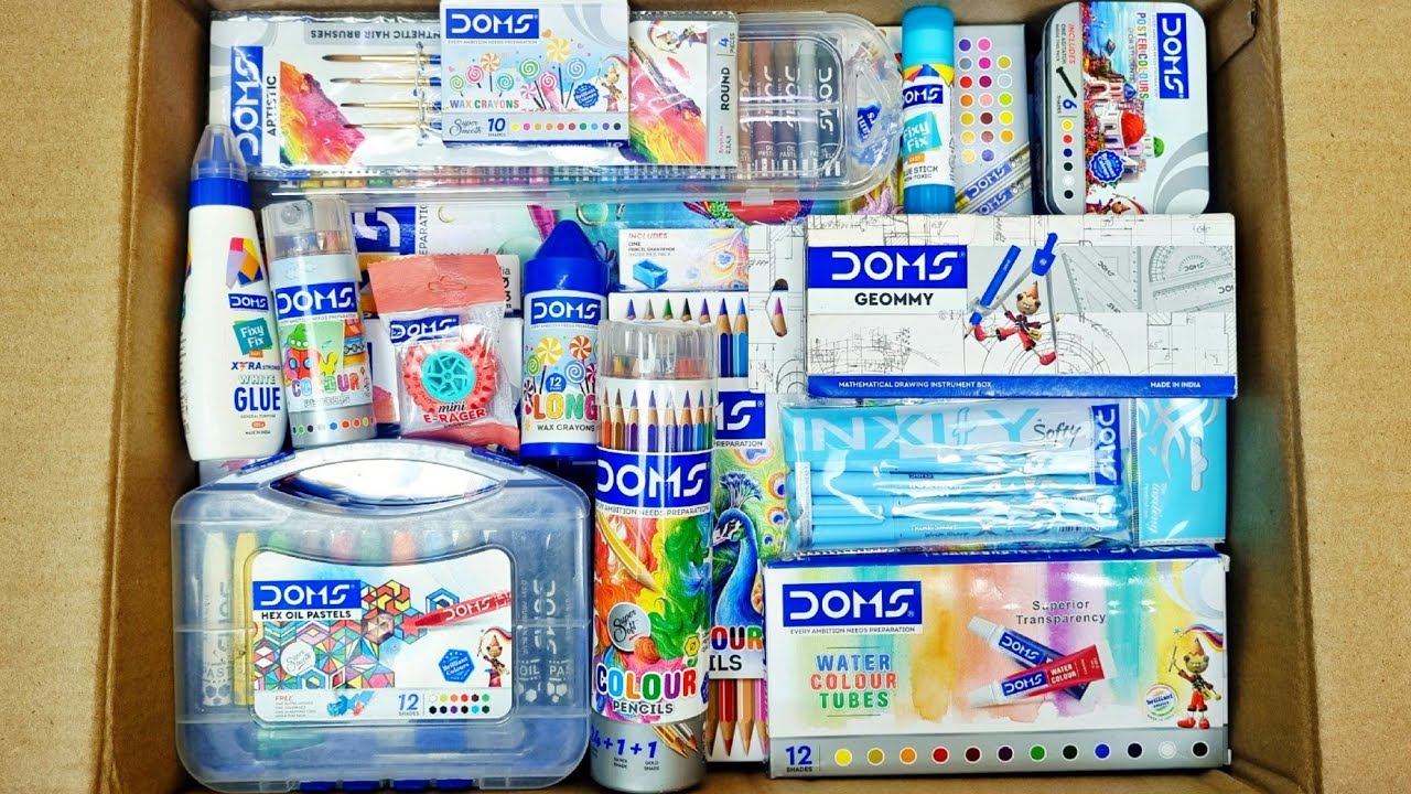 Unboxing DOMS Stationery, Brush Pen, Wax Crayons, Eraser, Sharpener, Grip Pencil, Oil Pastel, colour