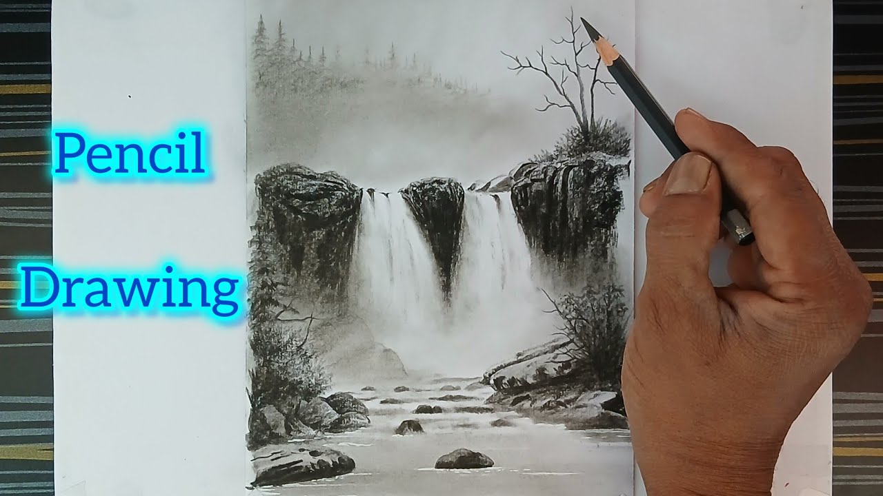 How to draw waterfall landscape step by step.
