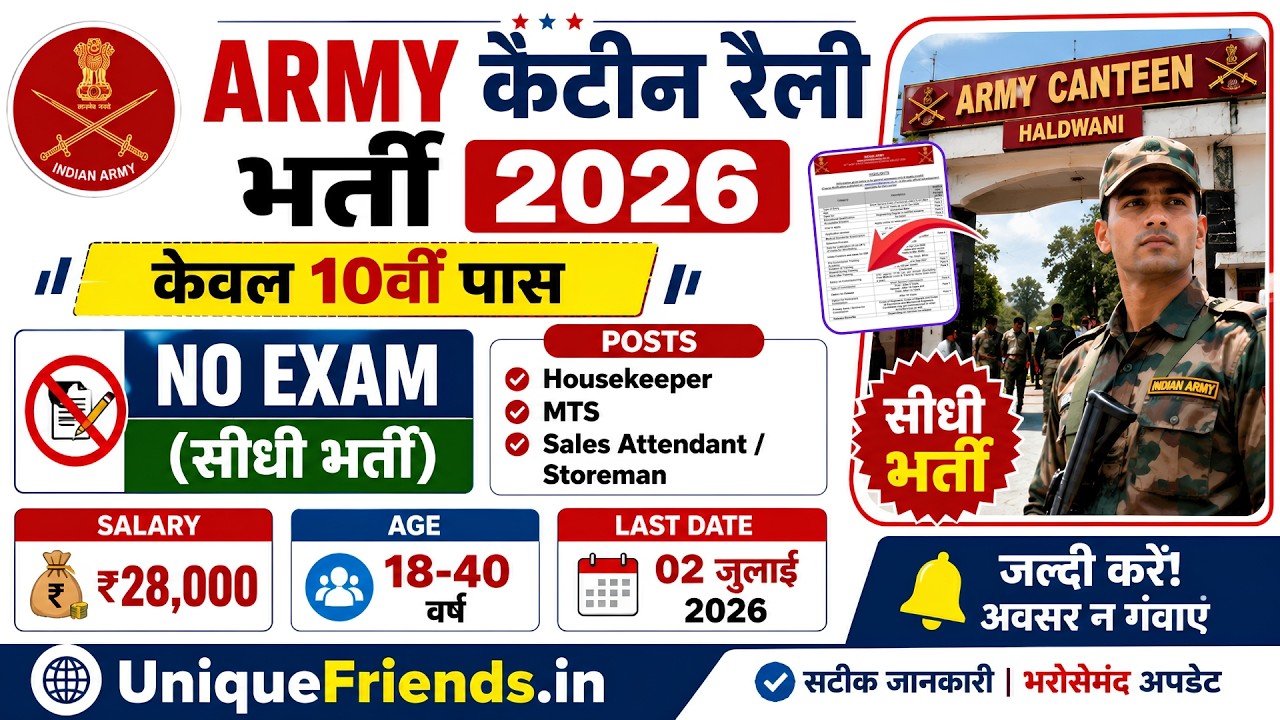 ARMY Canteen Rally Recruitment 2026 Notification | ARMY New Vacancy 2026 | Bharti June Jobs | 10th