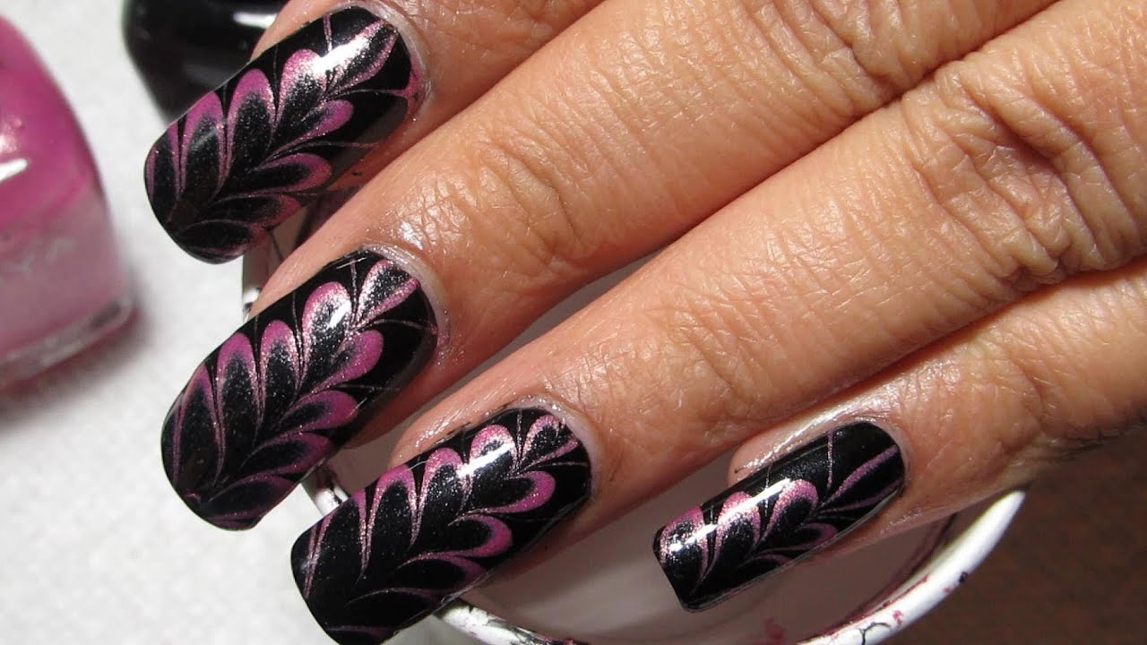 Pink & Black Hearts Valentine's Water Marble Nail Art Tutorial