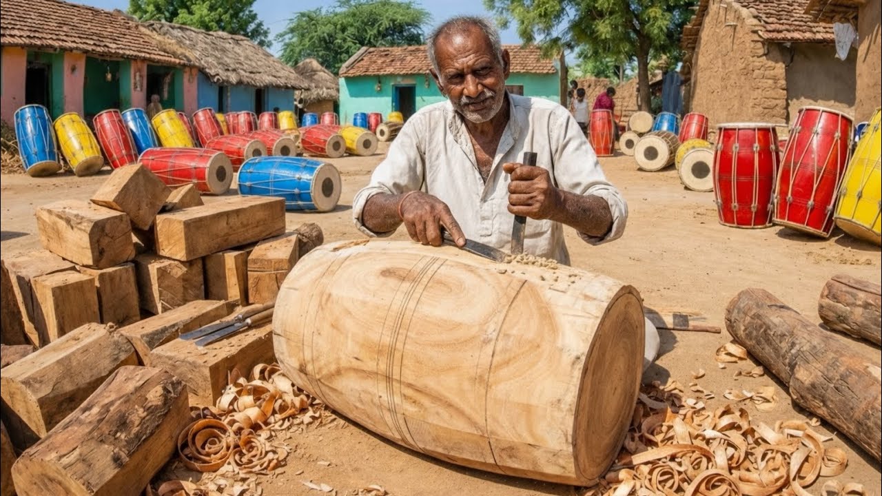 Old man making wooden drum by hands | Traditional drum 🥁 making | Unbelievable skill 