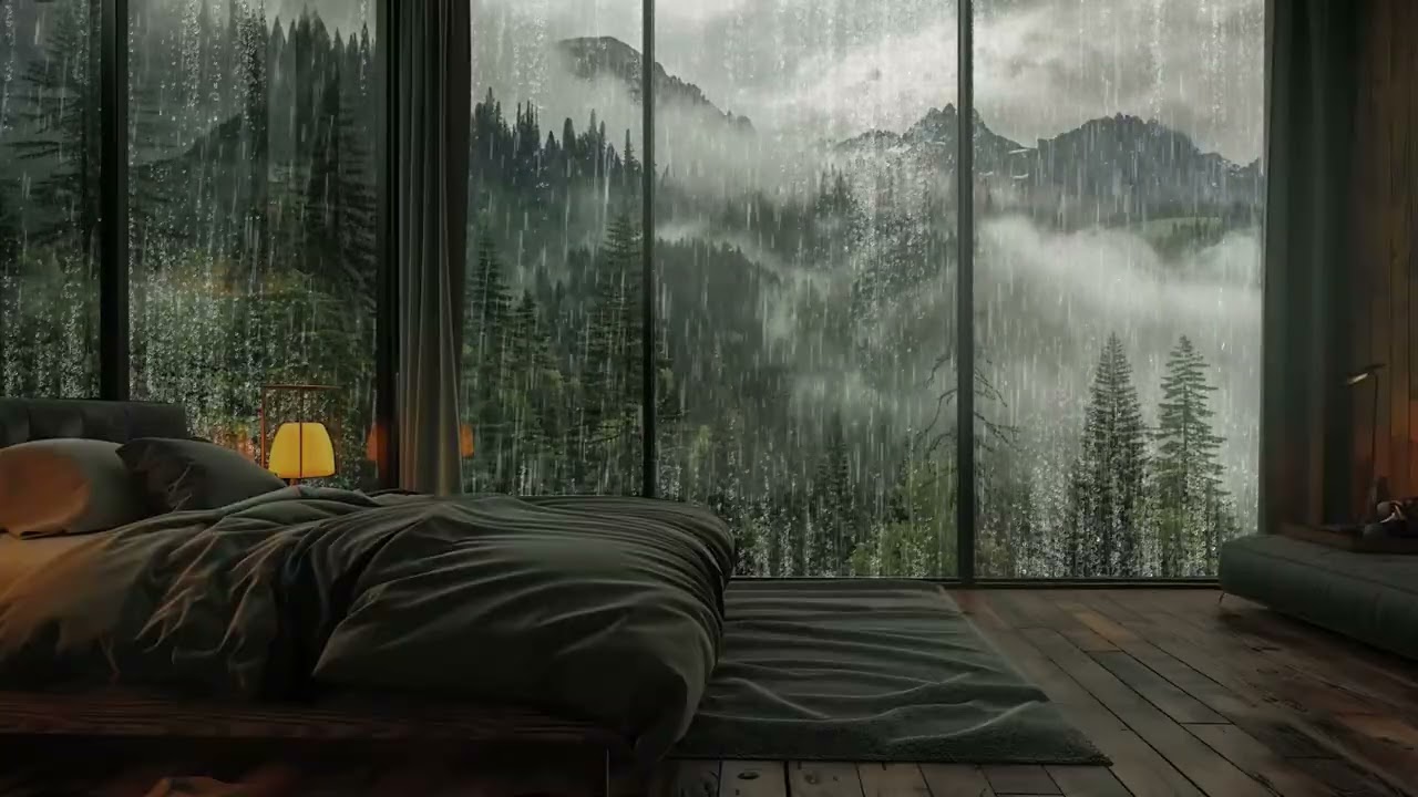 Rain on Window with Piano 🌧️ Relaxing Ambience in a Cozy Mountain Bedroom