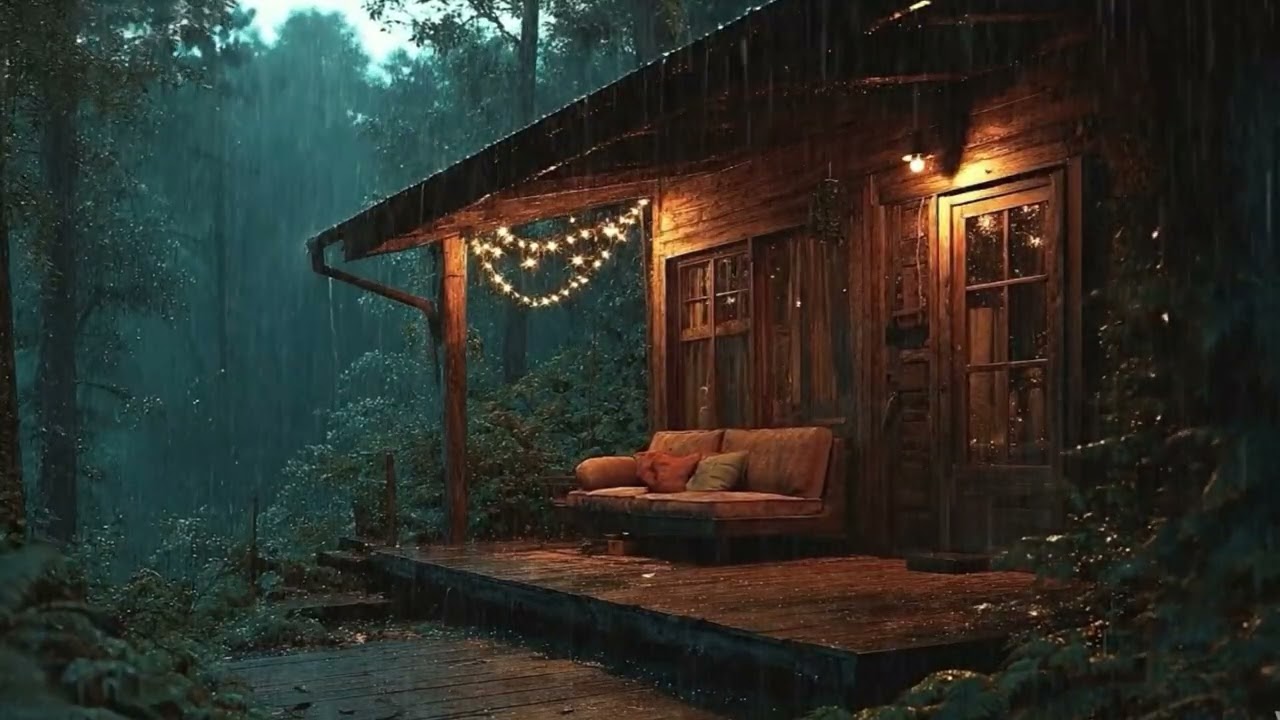 Heavy Rain on a Cozy Forest Cabin Porch with Warm Lights at Night 🌧️| Deep Sleep Sounds