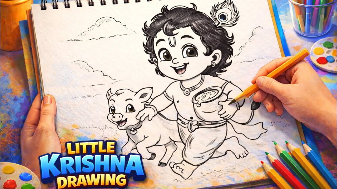 Little Krishna Drawing Tutorial | Easy Krishna  Sketch for Kids & Beginners
