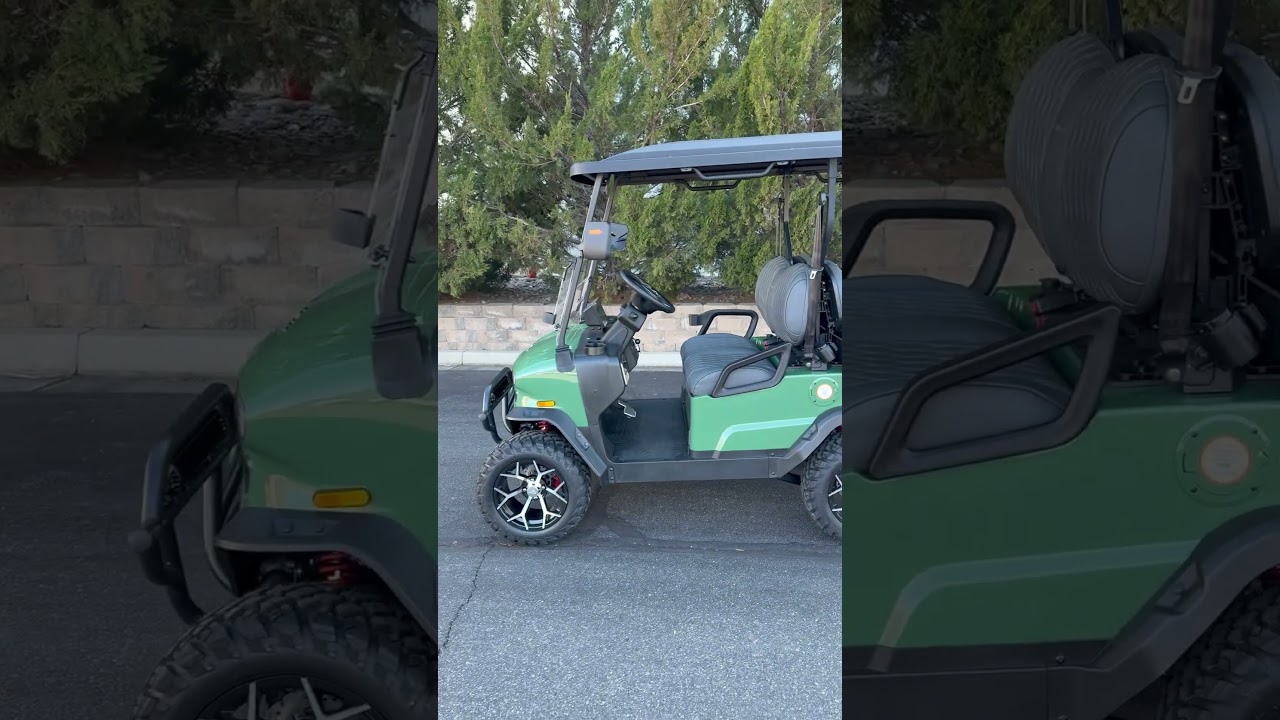 Denago Nomad XL golf cart featured in Verdant color exterior with premium diamond stitched seating.