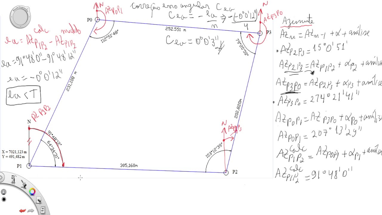 Topografia - Correção do erro angular  em poligonal topográfica -compensando os azimutes calculados.