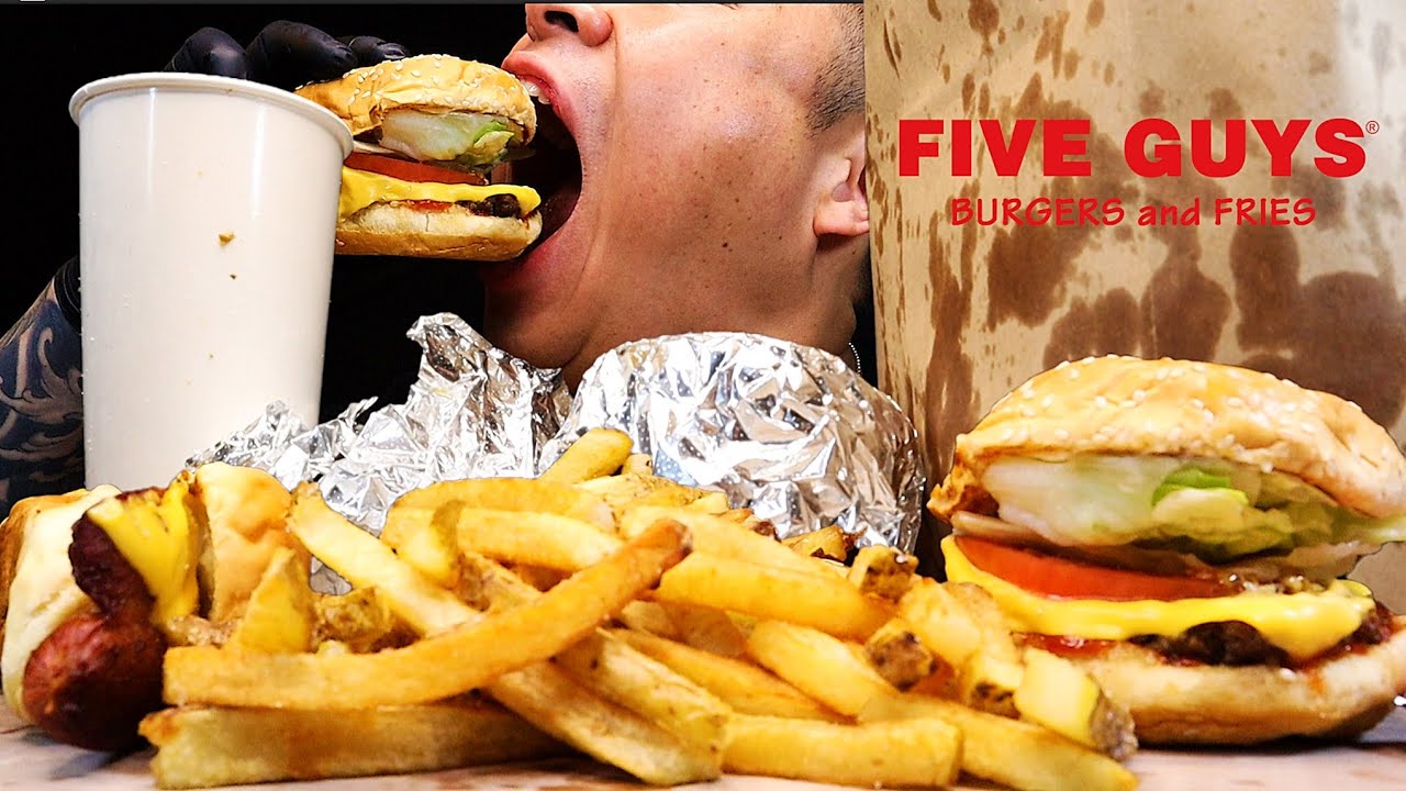 ASMR FIVE GUYS| CHEESEBURGER & CHEESE HOT DOG WITH NATURAL CUT FRIES **SATISFYING EATING**