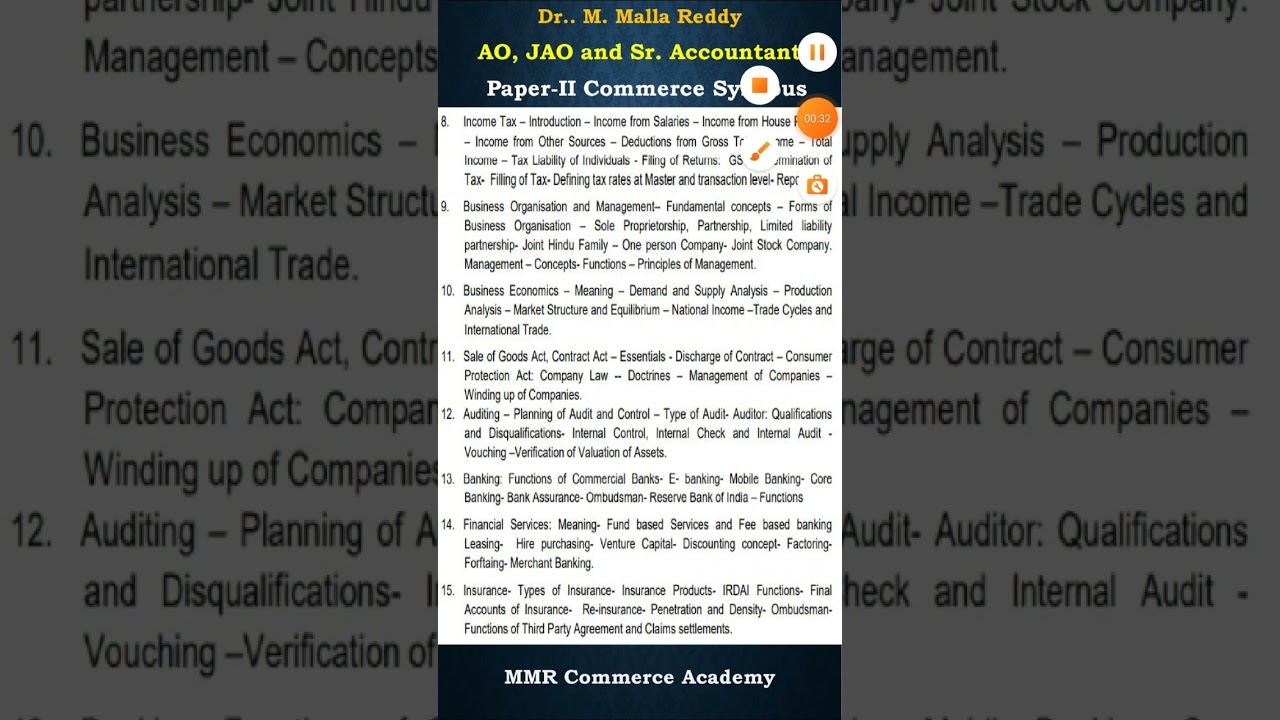 Paper-II Commerce Syllabus of Accounts Officer, JAO and Sr. Accountant | #shorts | #youtubeshorts