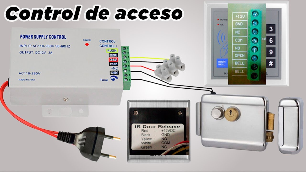 Sistema control de acceso con cerradura en puerta, lector de tarjetas y botón de salida seguridad 🏘️
