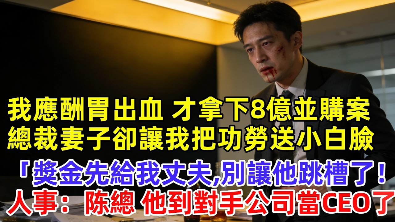 我應酬喝到胃出血，才拿下8億的並購案，總裁妻子卻讓我拱手把功勞送給他的小白臉秘書，「獎金先給我丈夫,別讓他跳槽了！」人事：陈總，他到對手公司當CEO了【逆襲人生】#奇聞#故事#完結文