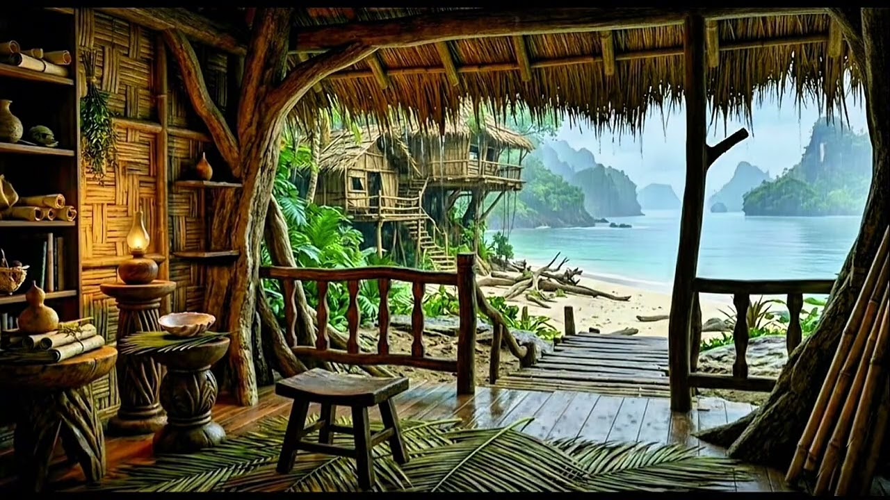 2 Hours Rainy Beach Hut 🌧️🌊 Relaxing Guitar Music for Sleep, Study & Deep Calm #quietatmosphere 