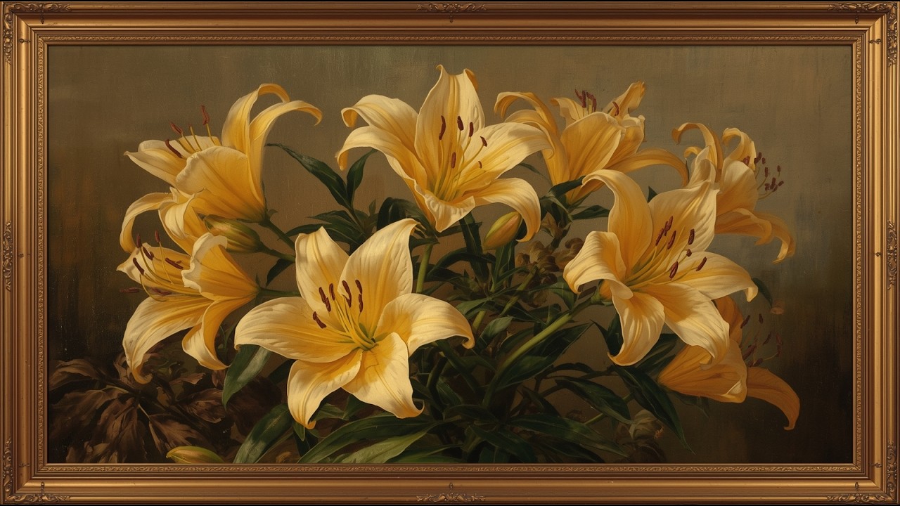 Golden Lilies | Vintage Oil Painting | Elegant Gold Frame Floral Art | 4K TV Screensaver