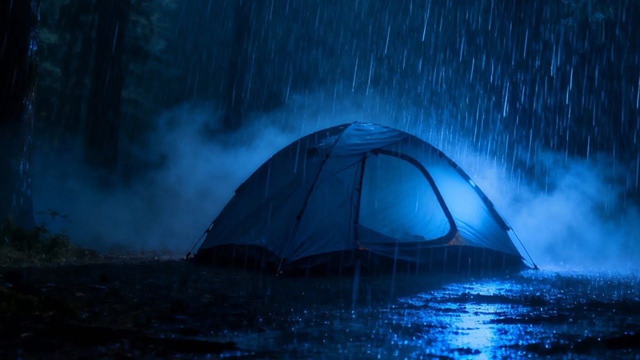 A Lonely Tent Trapped in Heavy Night Rain