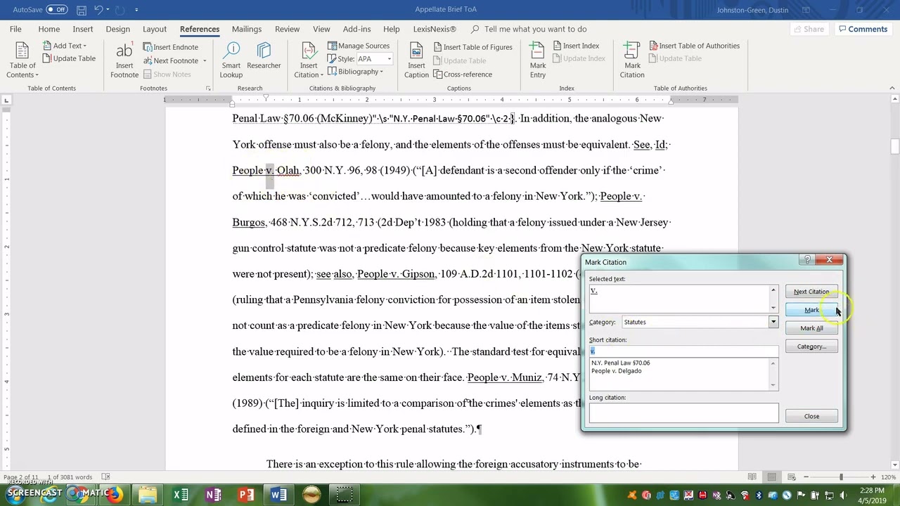 Appellate Brief Formatting: Generating a Table of Authorities