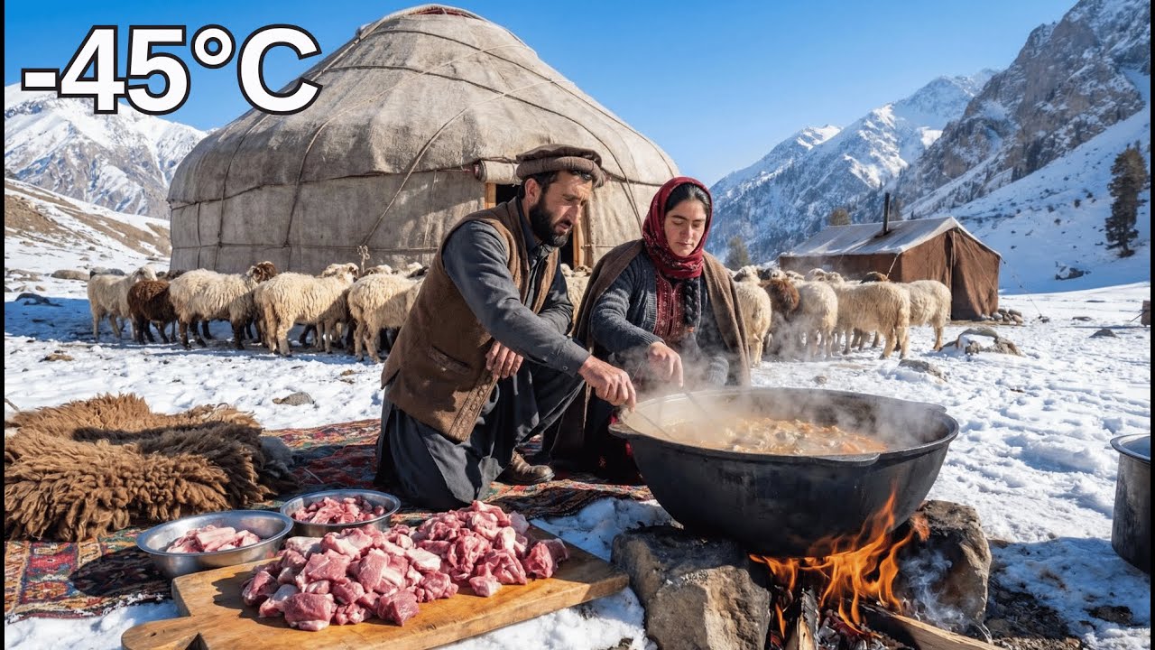 Nomadic Shepherd Couple in Afghanistan: Cooking Whole Sheep in Giant Traditional Kazan