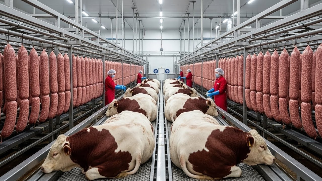 Inside a Beef Sausage Factory | From Live Cattle to Massive Sausages (Full Industrial Process)
