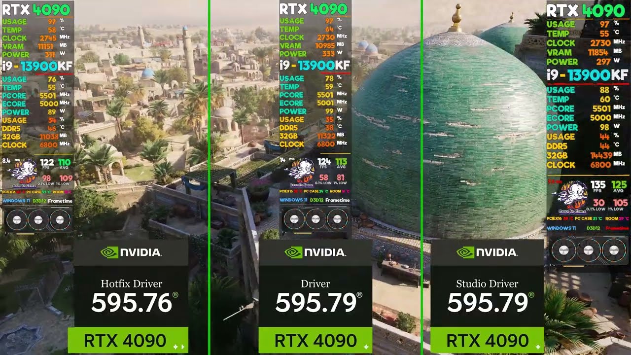 Hotfix Driver 595.76 vs. Driver 595.79 vs. Studio Driver 595.79 AC Mirage