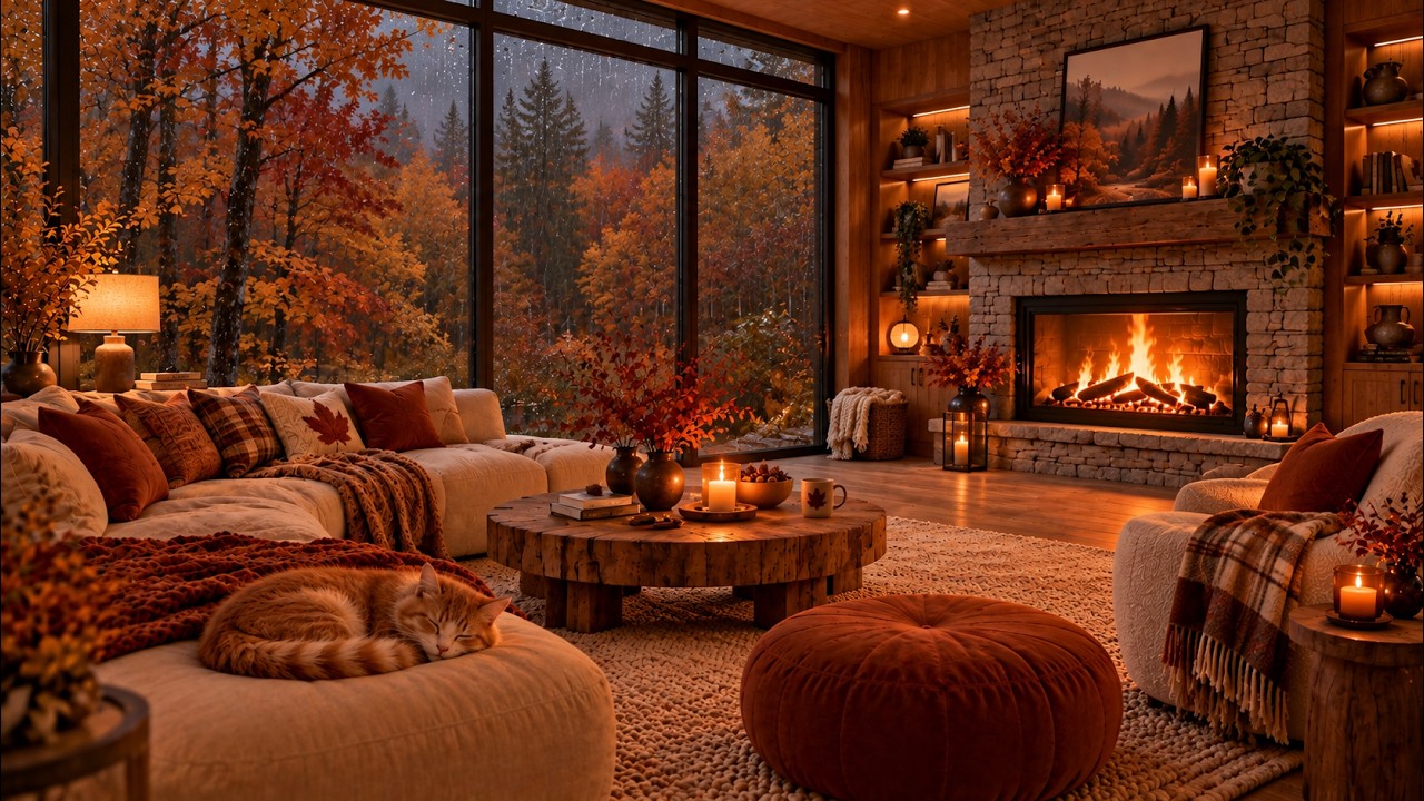 Warm & Smooth Jazz on a Rainy Autumn Porch 🍂☕ Fireplace Jazz for Study, Rest & Quiet Relaxation