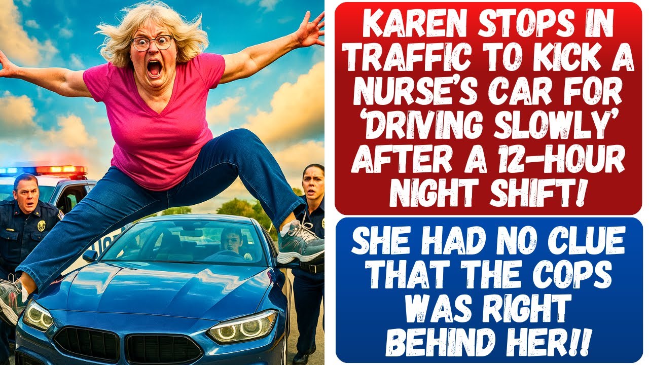 KAREN KICKS MY CAR EVERYWHERE AT A TRAFFIC STOP FOR 'DRIVING SLOWLY'! COPS WAS RIGHT BEHIND HER!!!