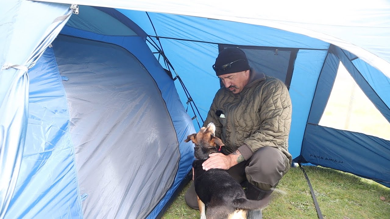 Winter Camping Doite Tent by Dam with my Dog