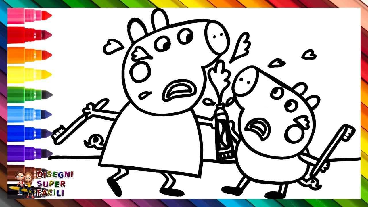 Disegna e Colora Peppa Pig e George Pig che si Lavano i Denti 🐷🪥🦷 Disegni per Bambini