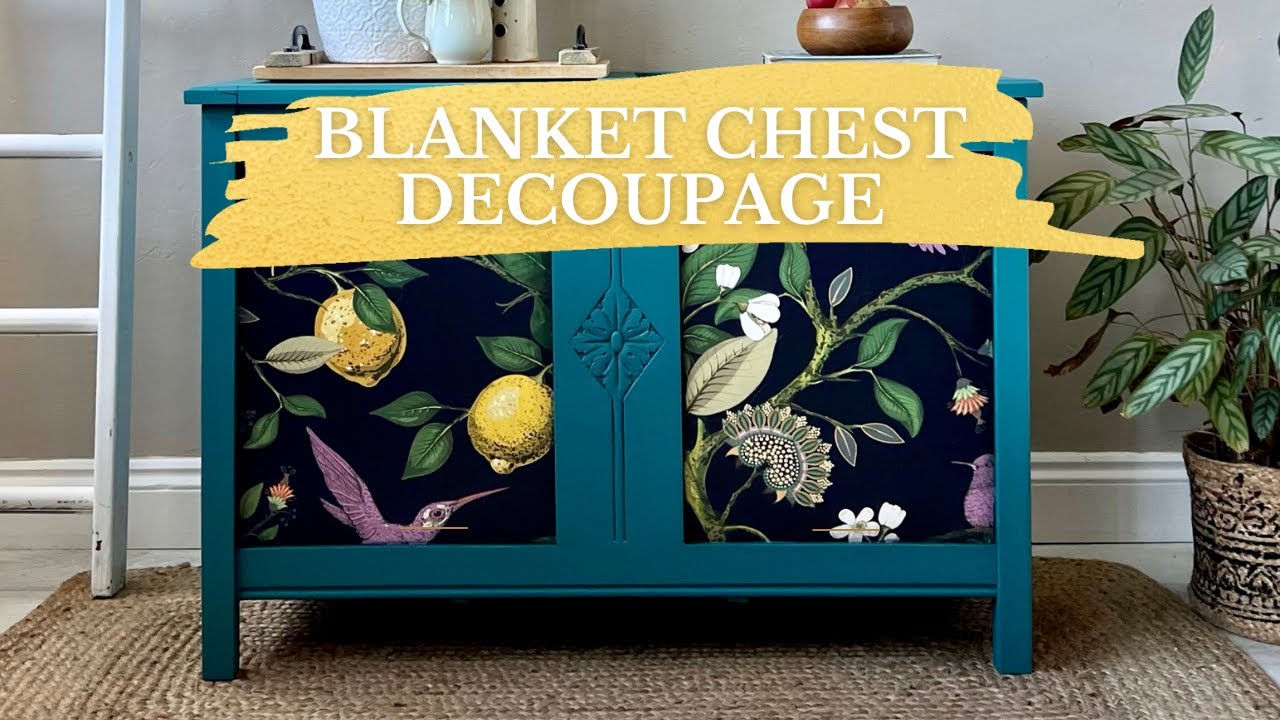 Blanket chest makeover using Silk Mineral Paint and rice decoupage paper