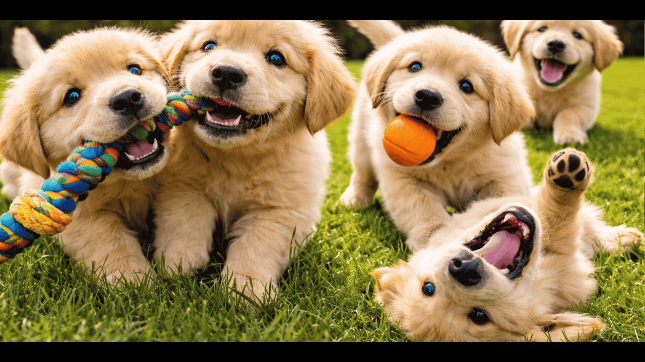 🐶✨ Счастливые щенки играют и соревнуются за игрушки на зеленой траве | Милый лай собаки | Видео с...