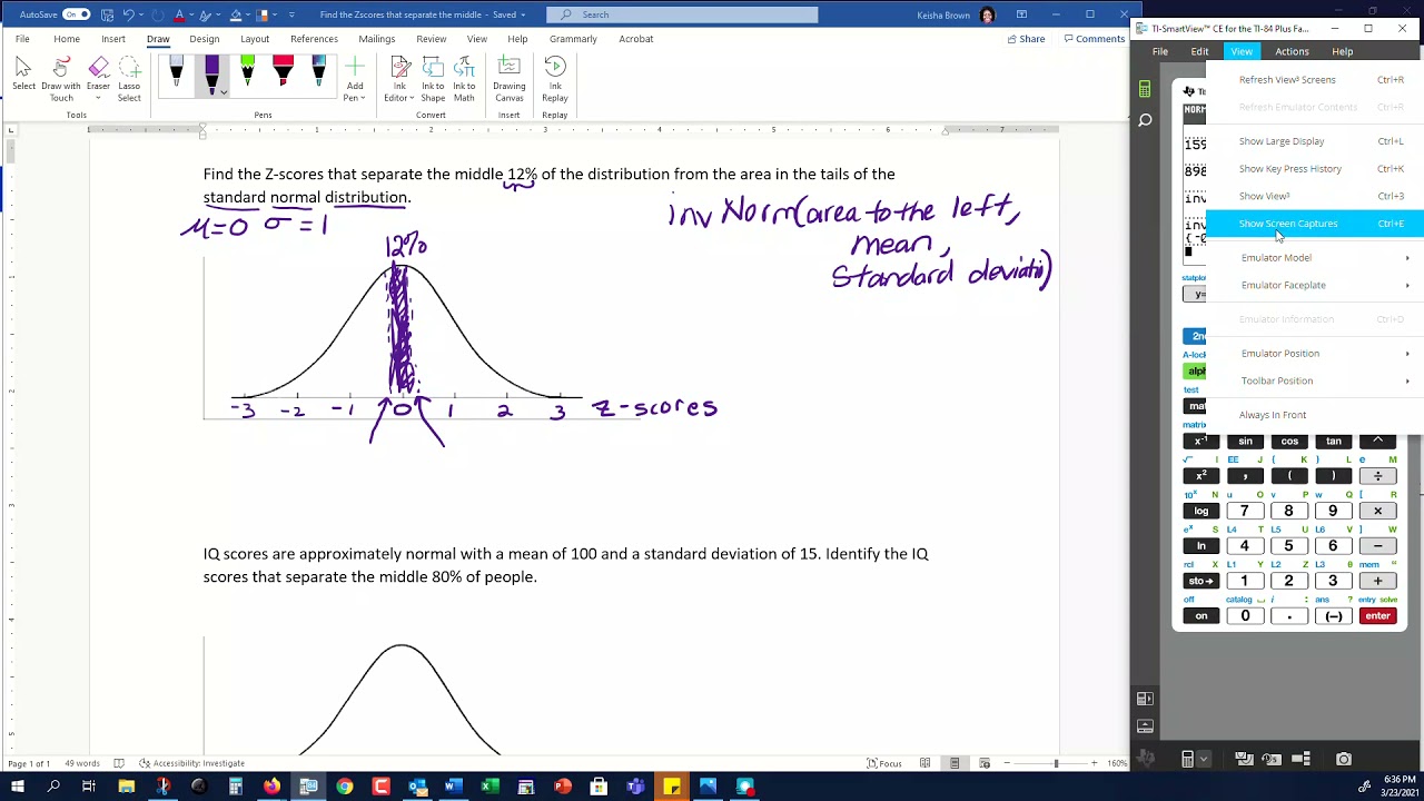 Elementary Statistics - Z-scores that separate the middle - TI-84