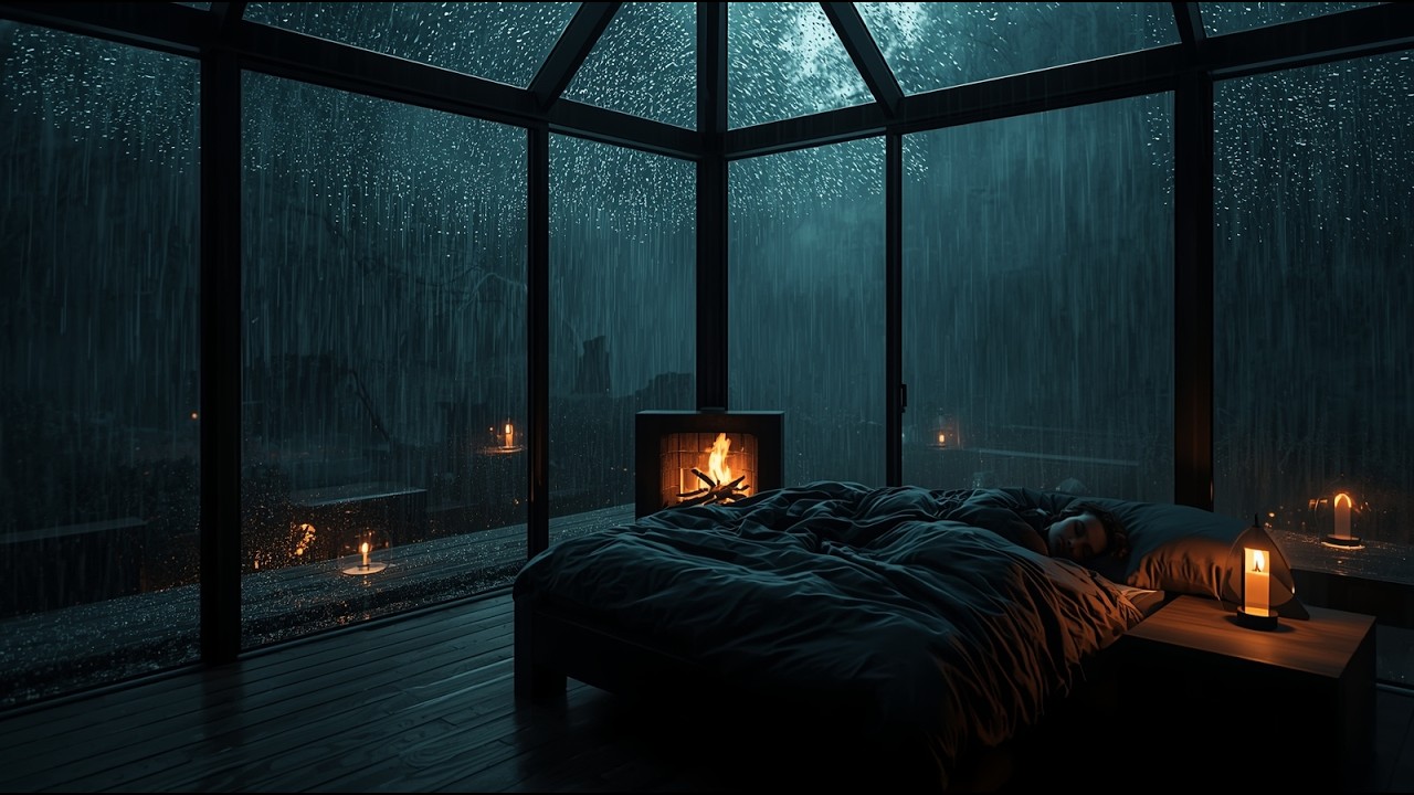 Sleeping Peacefully in a Glass Cabin During Heavy Rain – Calm Cinematic Night
