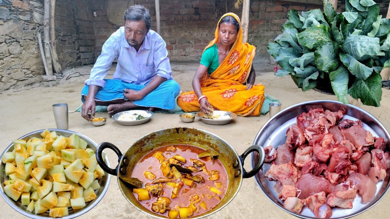 tribal couple cooking CHICKEN MEAT Curry with PAPAYA and eating fried cauliflower leaves