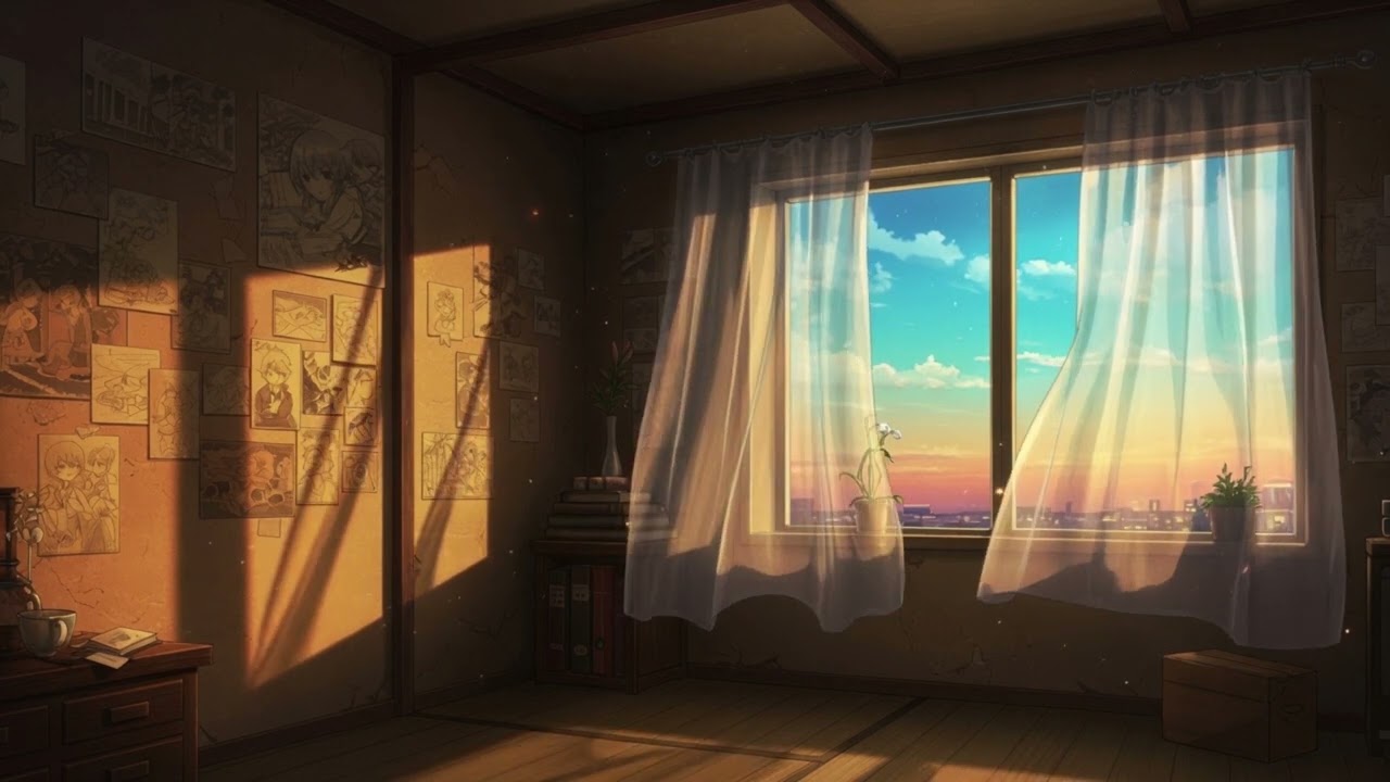 Cozy Anime Room Sunset Window Gentle Breeze Loop 4K No Copyright