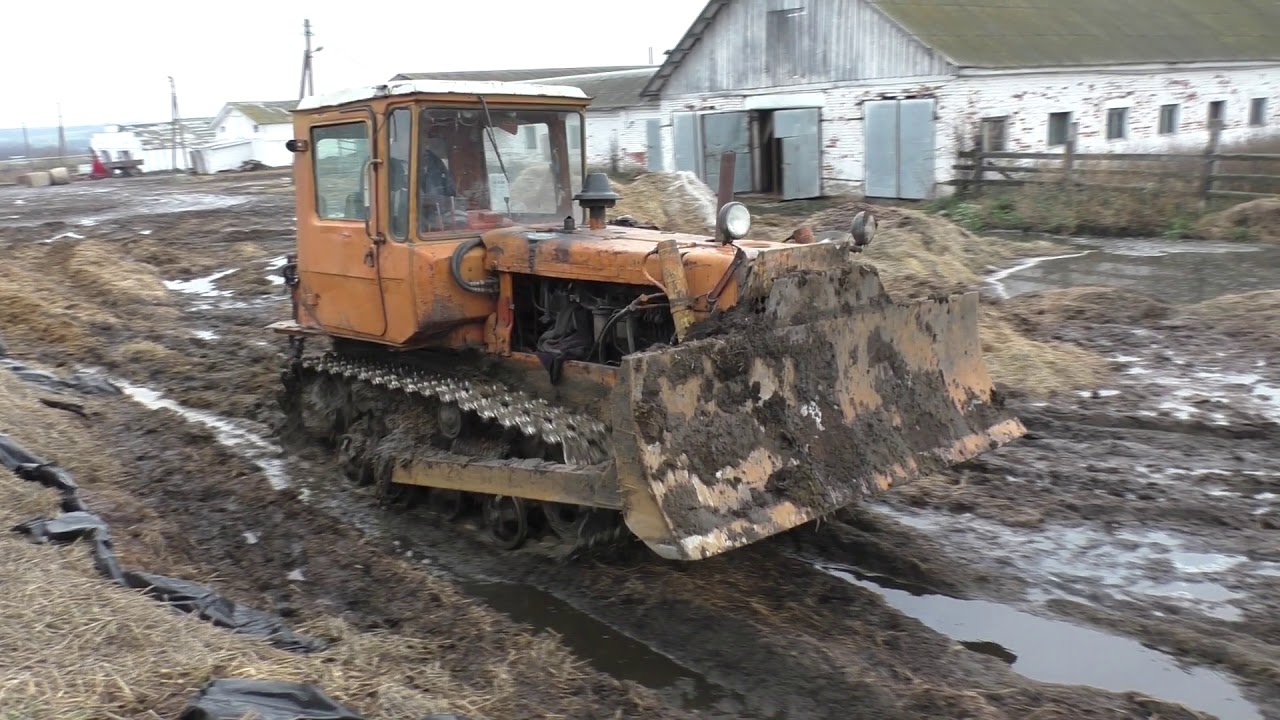 Russian tractor DT 75 pushes manure on a farm