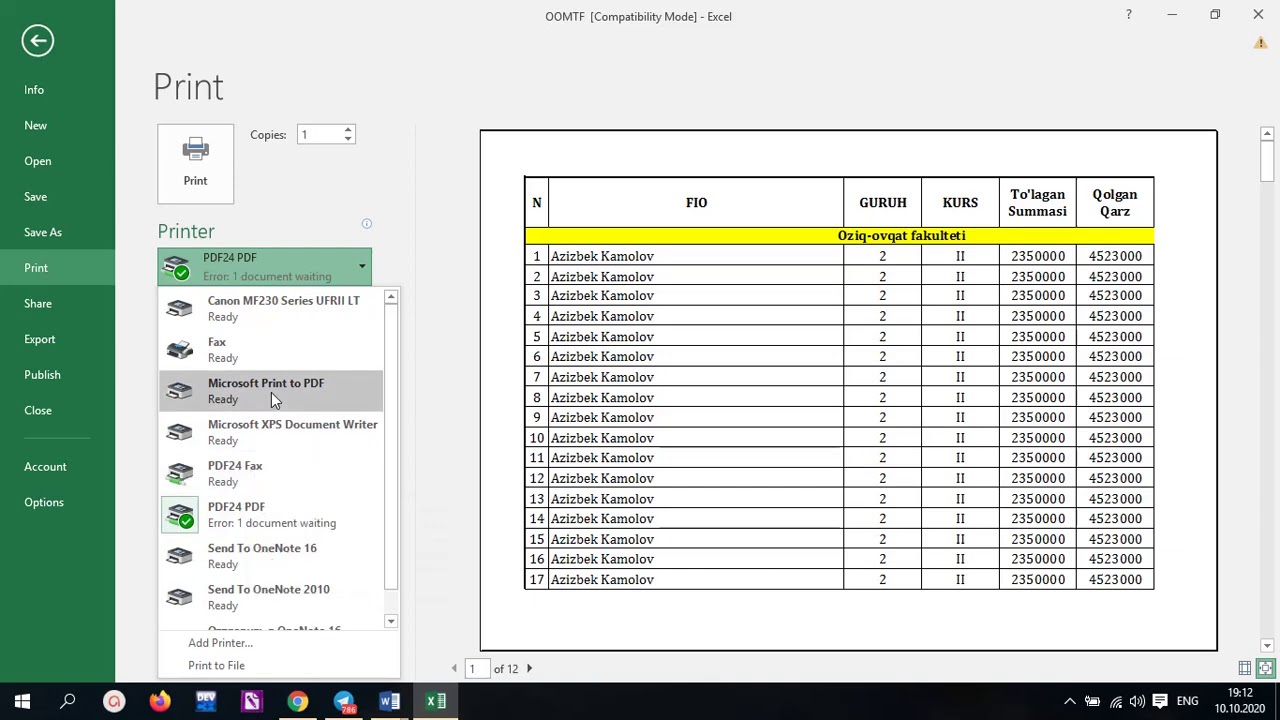 Excel dasturida sahifalarni chop etish