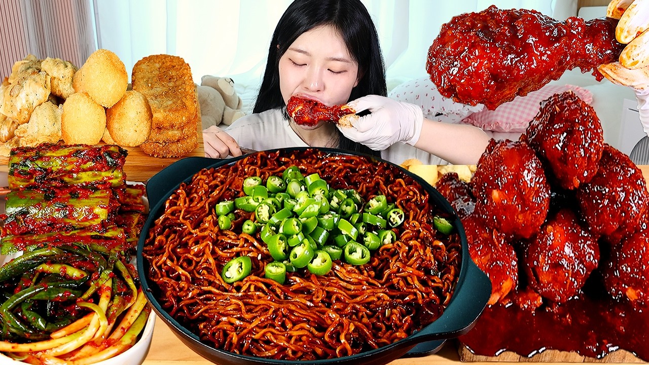 ASMR MUKBANG | Острая лапша с чёрной пастой и чили, курица в соусе чили, кимчи из зелёного лука
