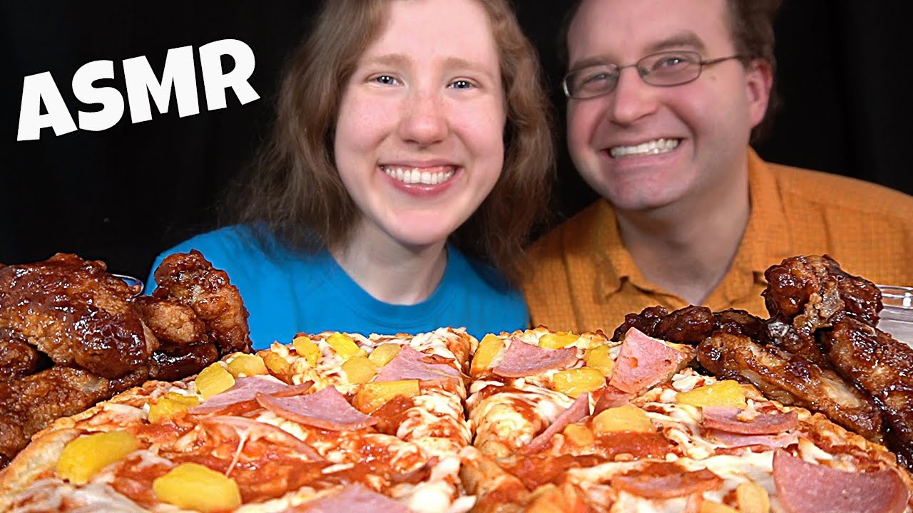 ASMR HAWAIIAN PIZZA & BBQ WINGS MUKBANG (No Talking) EATING SOUNDS