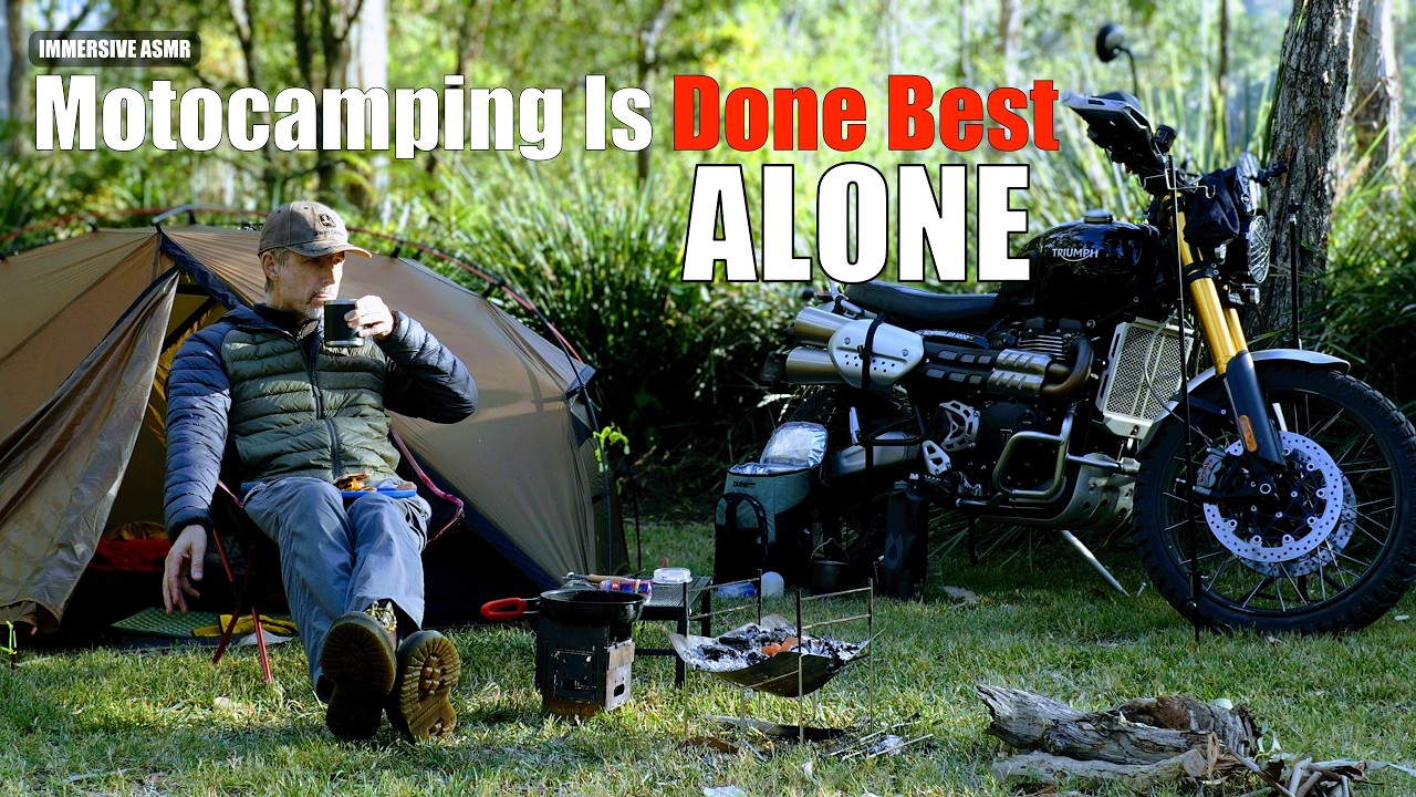 Solo off-road motocamping adventure | Triumph Scrambler | NightCat tent | Firebox stove | ASMR