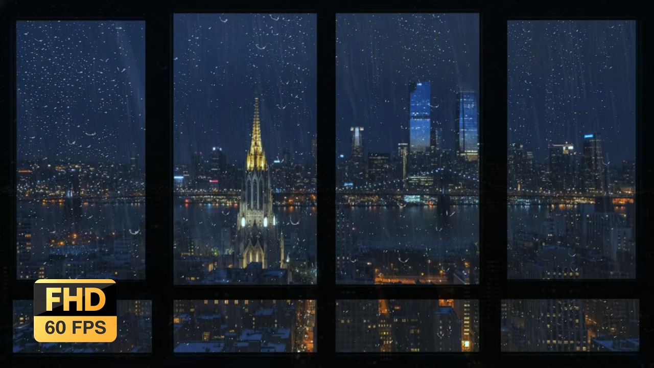 🌙 Rain on Window at Night 🌧️ City Skyline Storm Sounds for Sleeping No Ads