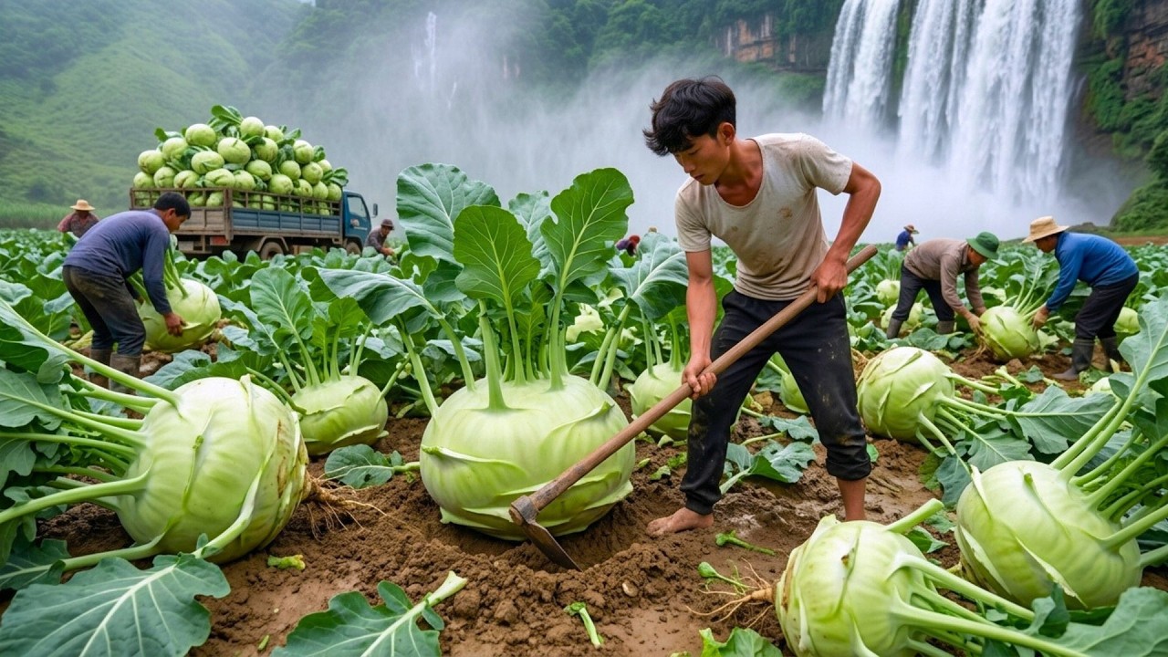 Harvesting Tons Of Fresh Kohlrabi From Large Waterfall, Use Truck Transport To The Market For Sell