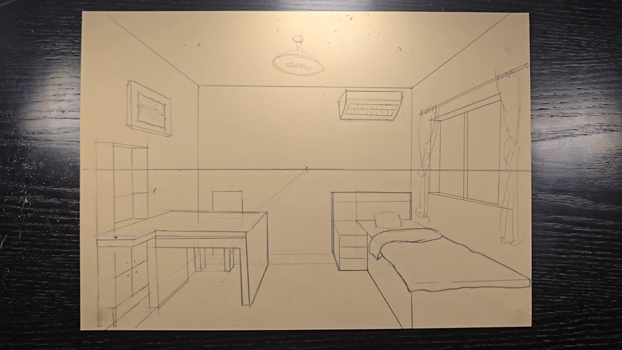 Tutoriel pour expliquer le dessin de la chambre en perspective linéaire d'un point de fuite