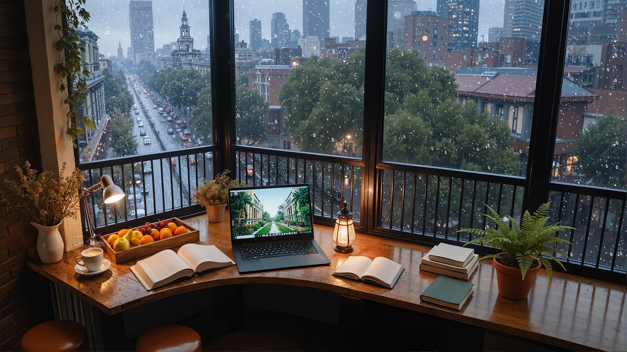 Peaceful Rainy Street View  🌧 Warm Piano Jazz Music & Rain Sounds for Reading, Studying
