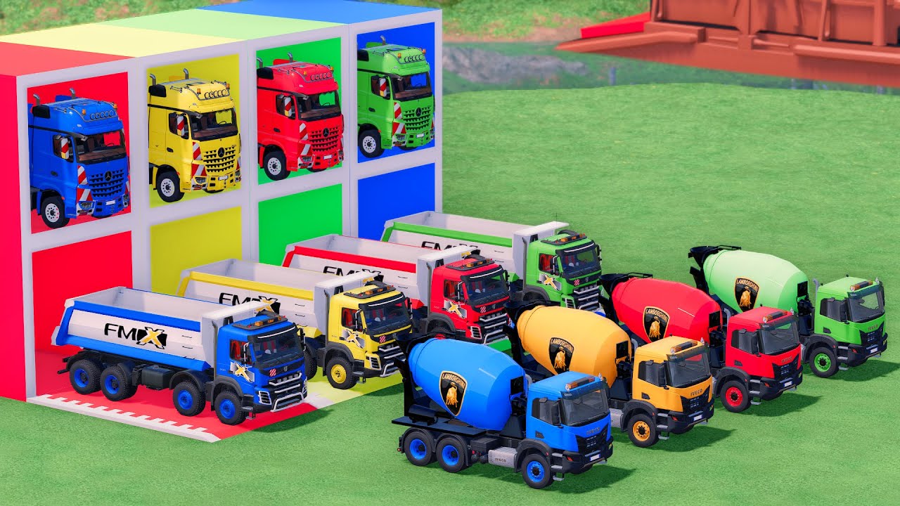 Trucks With COLORS - IVECO MIXER TRUCK and VOLVO DUMP TRUCK with MERCEDES FLATBED TRAILER TRUCK