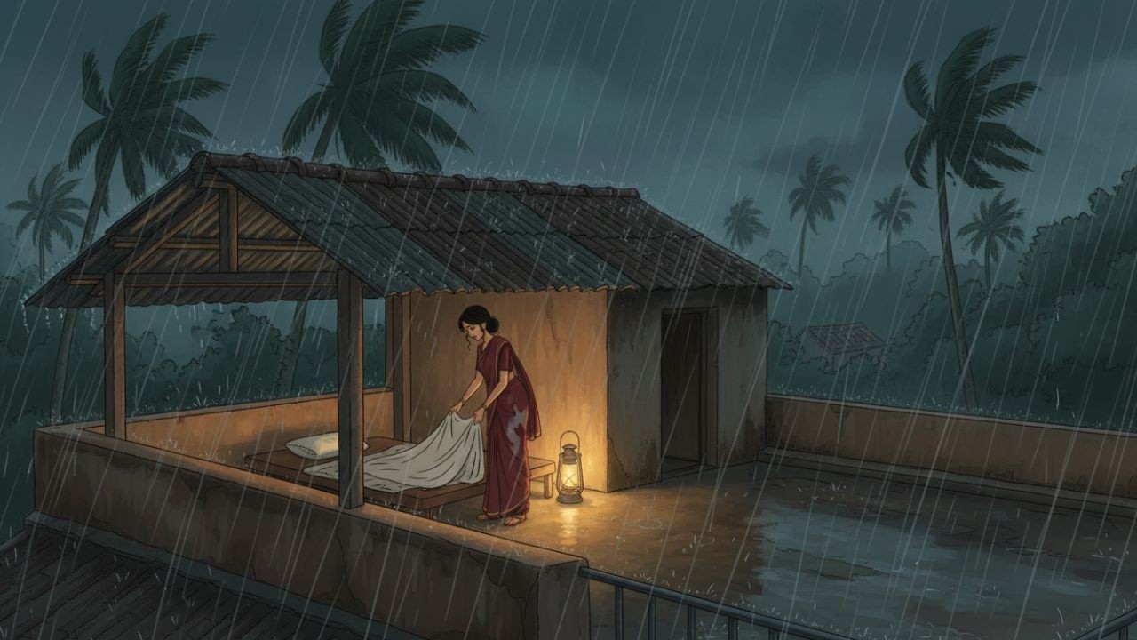 Rooftop Sleep in Heavy Rain | 90s Village Family Emotional Story | Ghibli Style Night