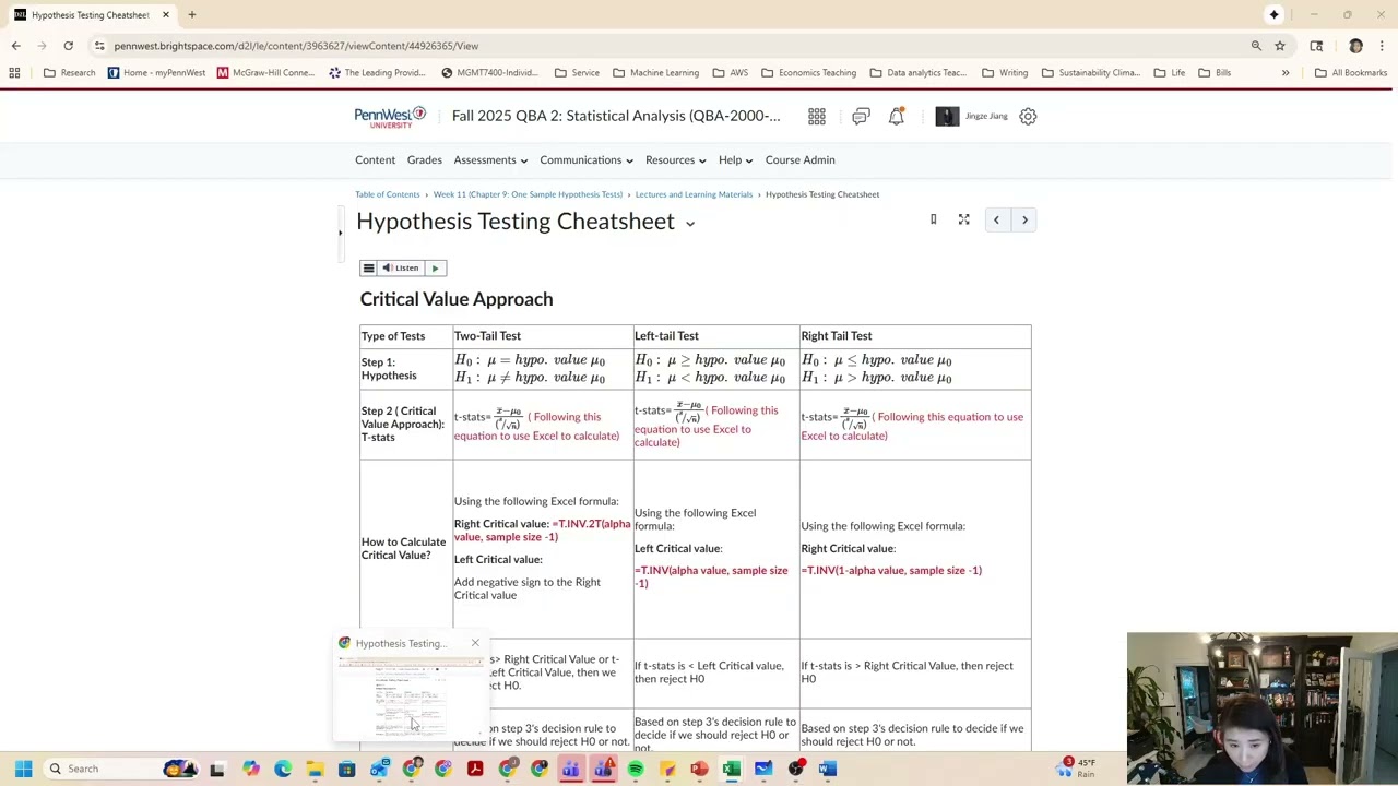 Computer Skill How to use Excel and leverage Dr  Jiang's Cheat sheet to perform Hypothesis Testing