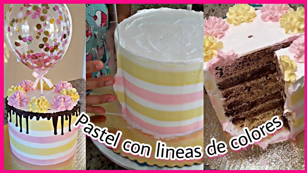 PASTEL CON LINEAS DE COLORES EN CHANTILLY 3 LECHES RELLENO CON CHISPAS DE MENTA