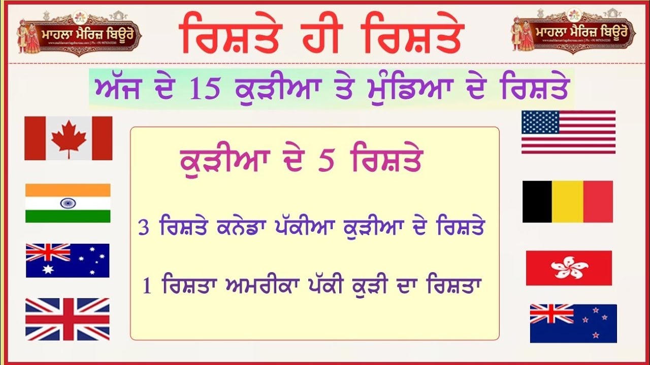 ਅੱਜ ਦੇ 15 ਕੁੜੀਆਂ ਮੁੰਡਿਆਂ ਦੇ ਰਿਸ਼ਤੇ | ਰਿਸ਼ਤੇ ਹੀ ਰਿਸ਼ਤੇ | marriage bureau @mahlamarriageBureau 